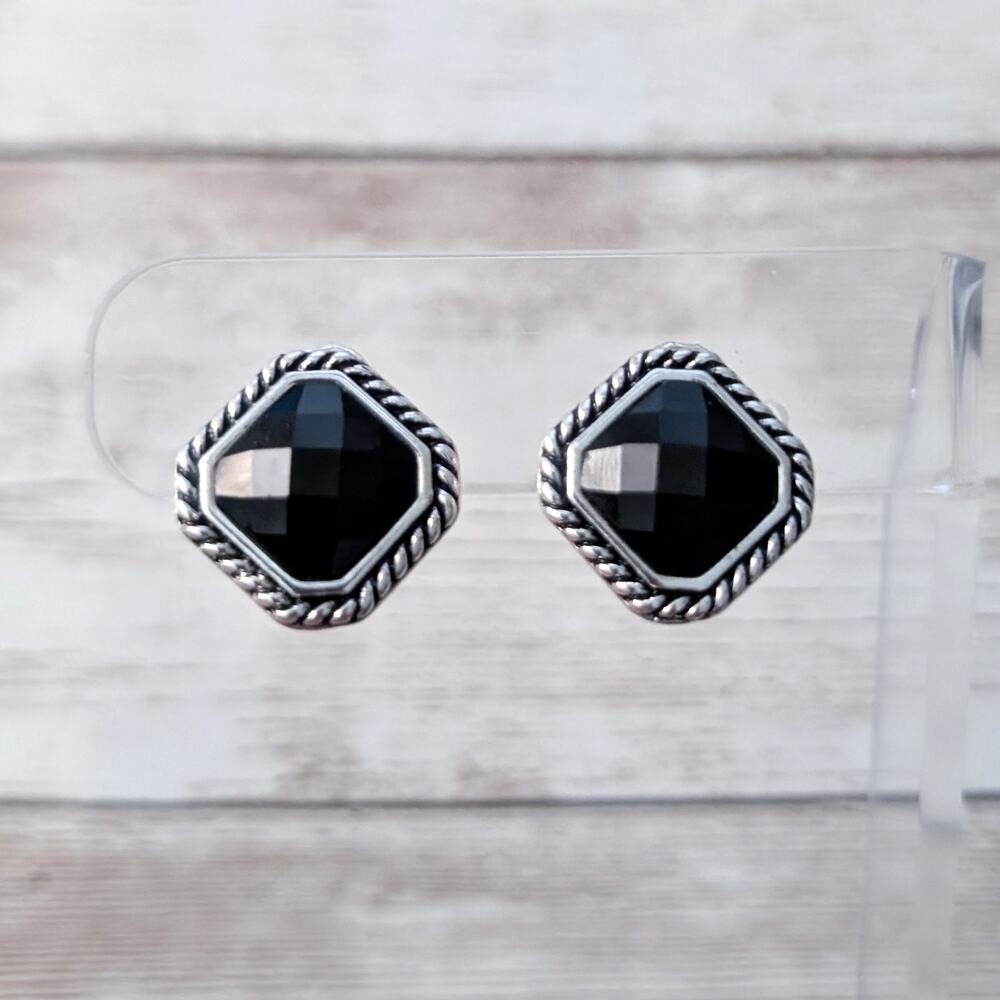 Vintage TJC Clip On Earrings Black & Silver Tone